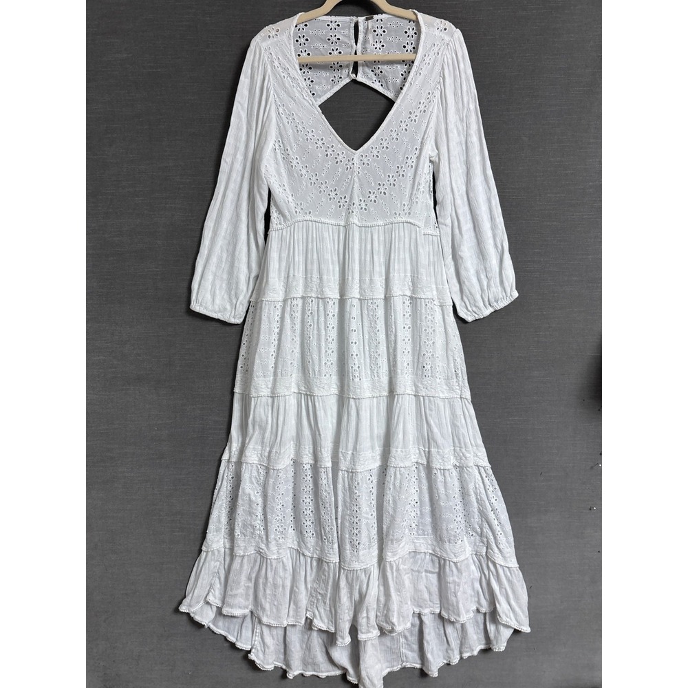 Free People Dress M White Eyelet Tiered Midi Boho Balloon Open Back Festival - Picture 1 of 13